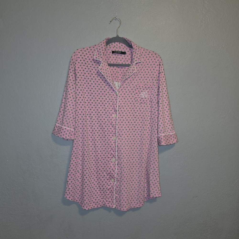 Lauren Ralph Lauren Monogrammed Geometric Button Up Sleep Shirt Sleepover Sz L